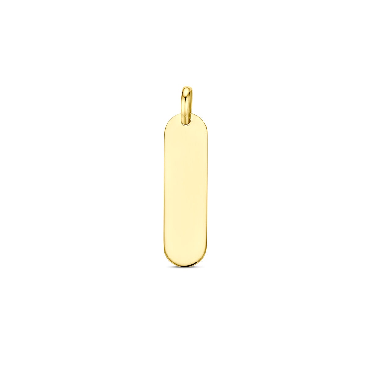 Gouden graveerhanger van 14k met een rechte, langwerpige vorm en een glanzende afwerking.