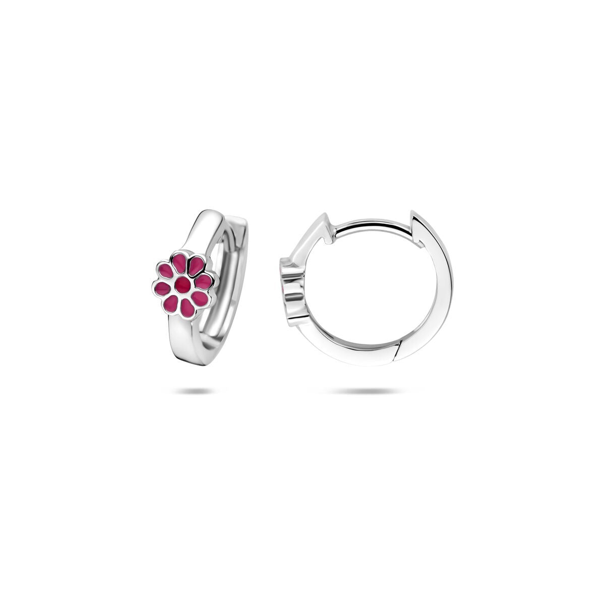 Boucles d'oreilles pour enfant en argent - rhodiées avec fleur en émail rose