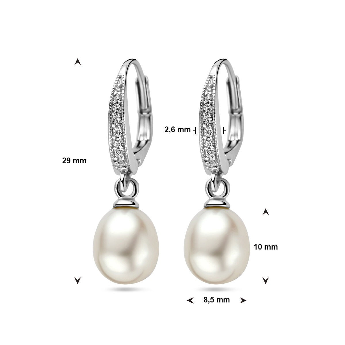 Boucles d'oreilles rhodiées en argent avec zircone et perle d'eau douce