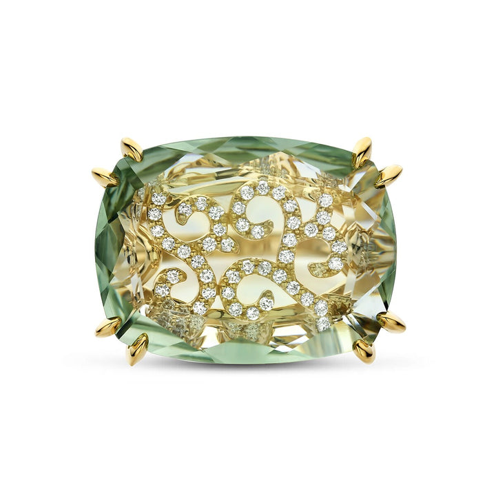 14k Geelgouden ring met groene amethist en diamant