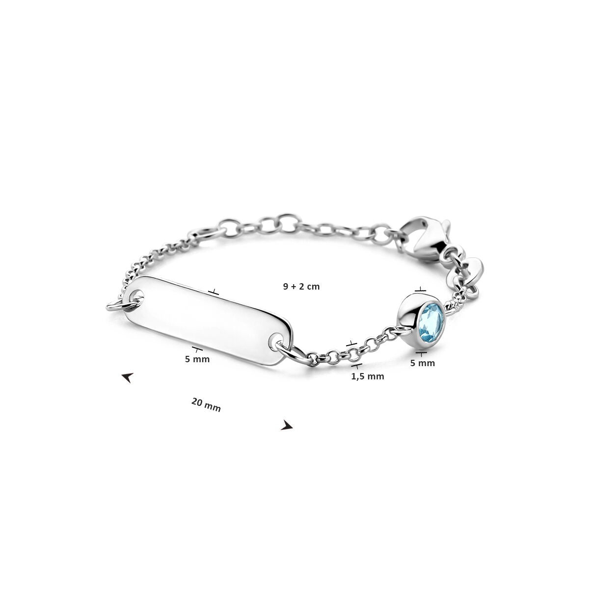bracelet plaque 5,0 mm avec pierre de naissance 9 + 2 cm argent rhodié