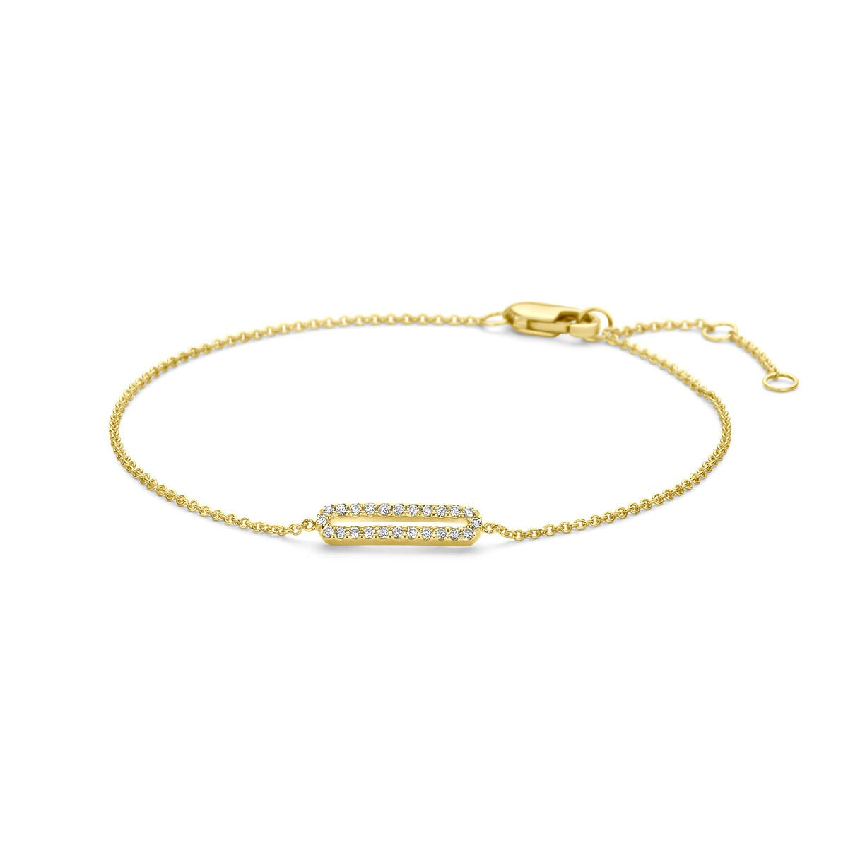 Bracelet en or jaune 14 carats avec un motif central serti de diamants.
