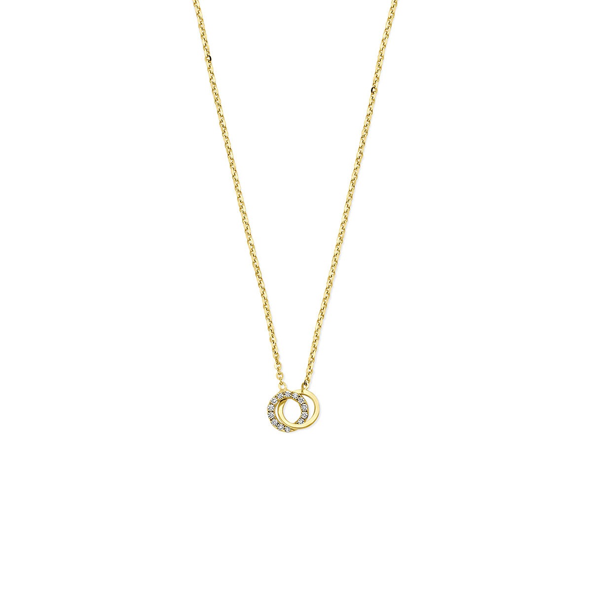 Collier en or jaune 14 carats avec zirconium, chaîne délicate et pendentif en forme de cercle.