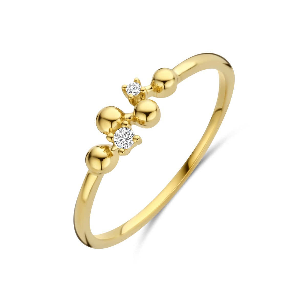 Bague en or jaune 14 carats avec deux diamants et des détails en forme de boules.