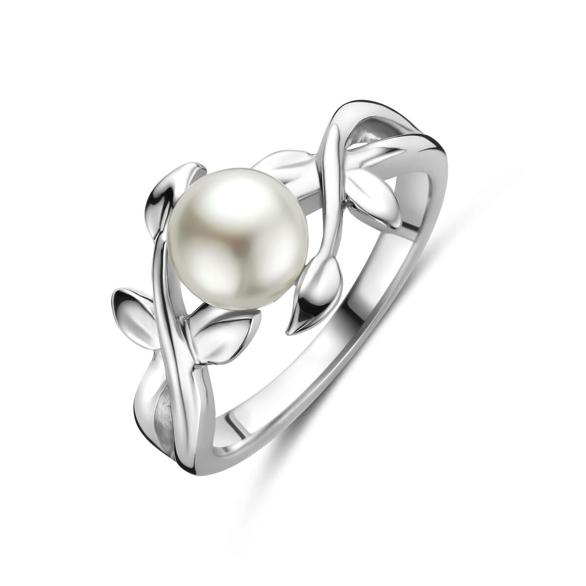 Bague en argent rhodié avec une perle et un motif de feuilles.