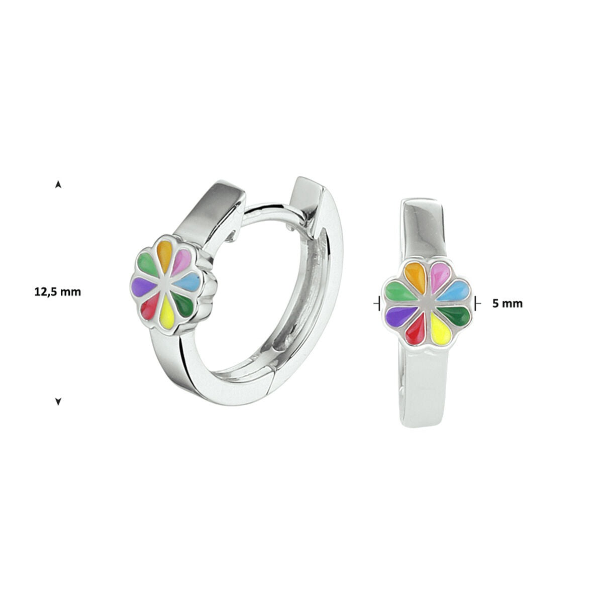Créoles en argent rhodié pour enfant avec émail floral – 12,5 mm