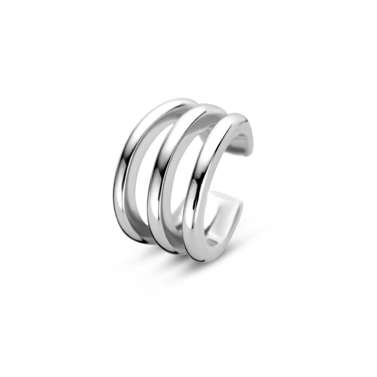 Ear cuff en argent rhodié avec trois bandes lisses et brillantes.