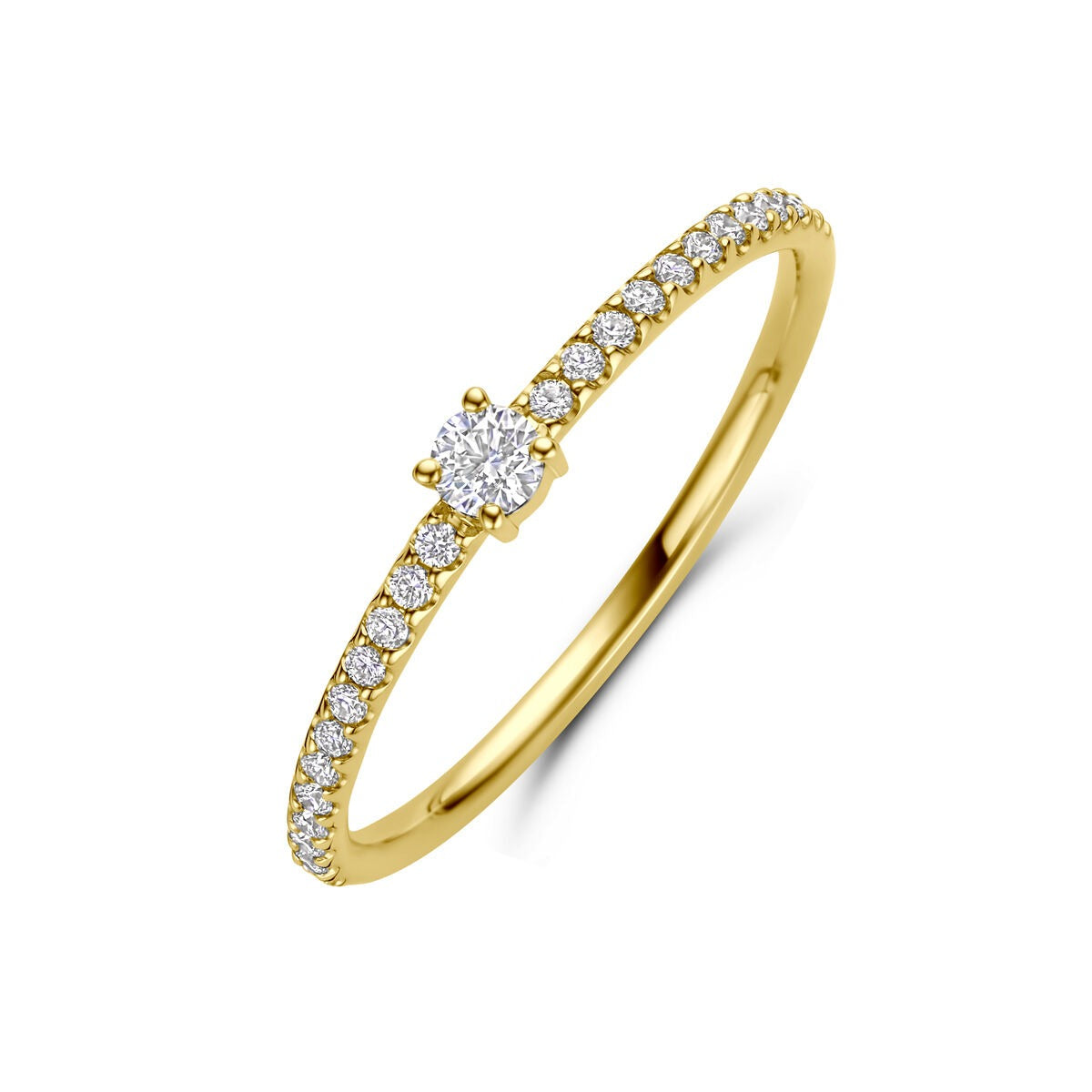 Bague en or jaune 14 carats avec un diamant central en sertissage solitaire et des diamants sur le contour.