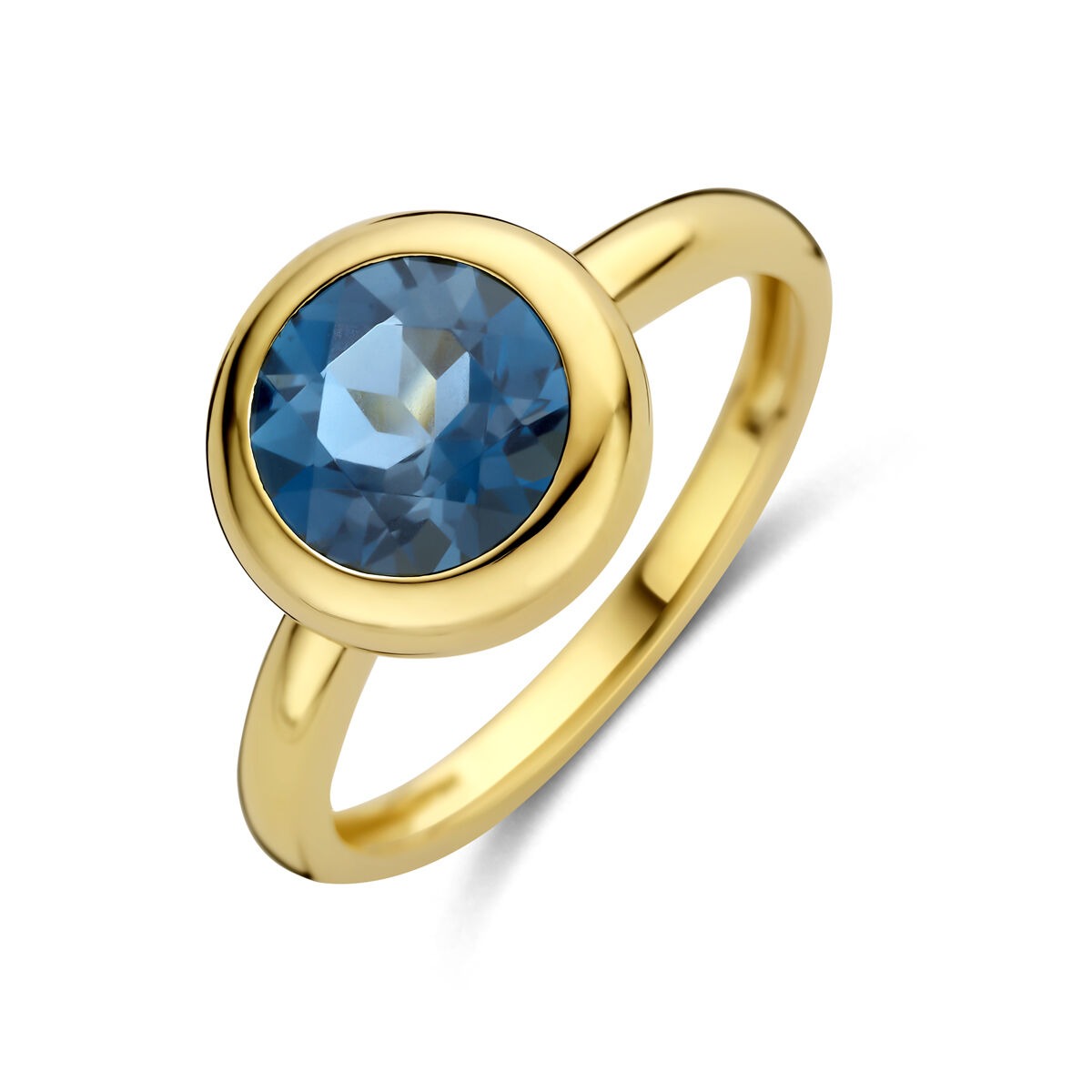 Bague en or jaune 14 carats avec topaze London Blue ronde.