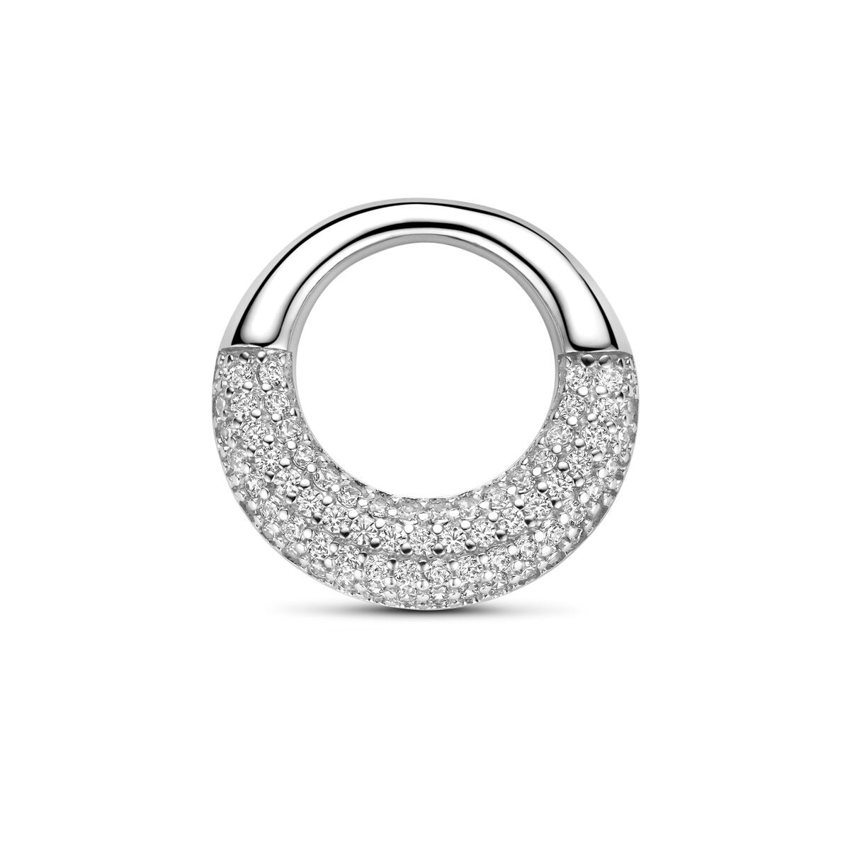 Pendentif en argent rhodié avec pavé de zirconia, forme ronde et finition brillante.