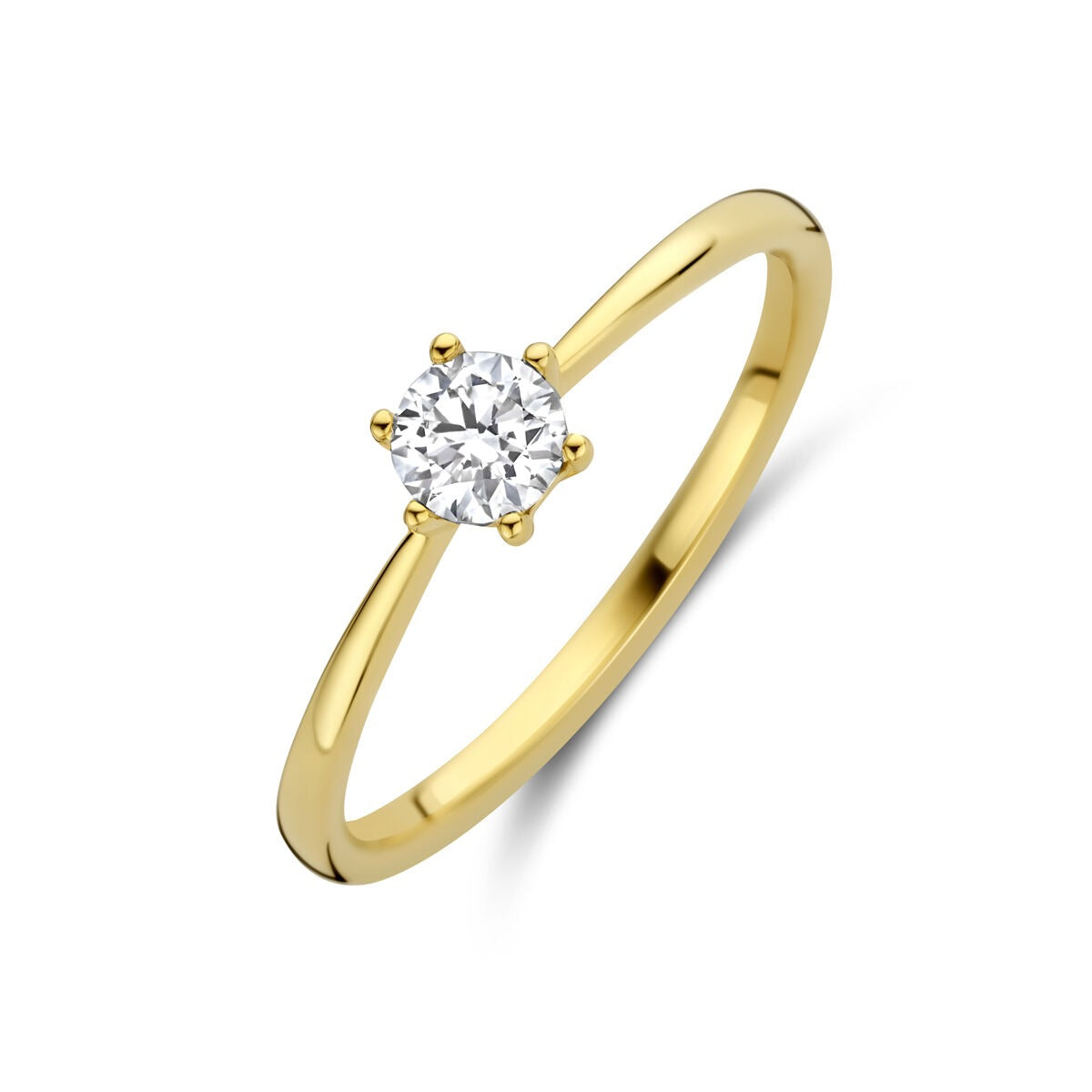 Bague en or jaune 14 carats avec un diamant cultivé en laboratoire, serti de six griffes.