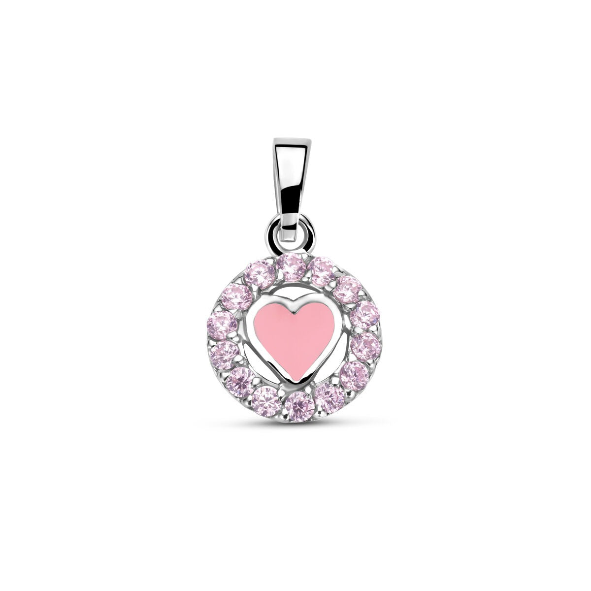 Pendentif en argent avec un cœur en émail rose et des zirconias, mesurant 15 x 9 mm.