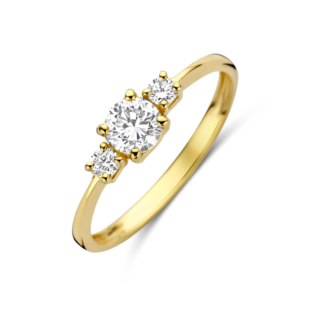 Bague en or jaune 14 carats avec diamant lab grown central et deux petits diamants.