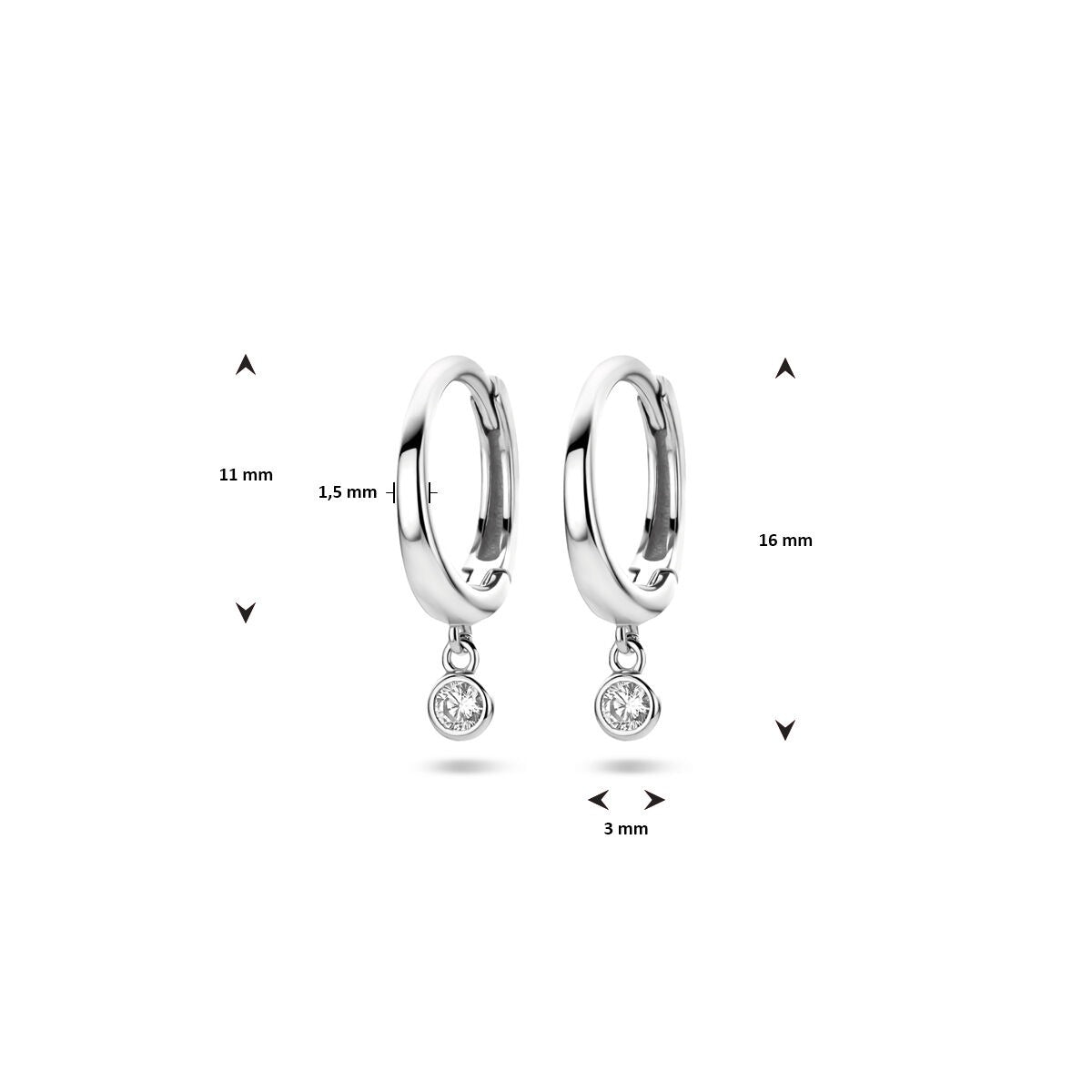 Créoles en argent avec zircone – rhodié argent 925, 16 mm de haut