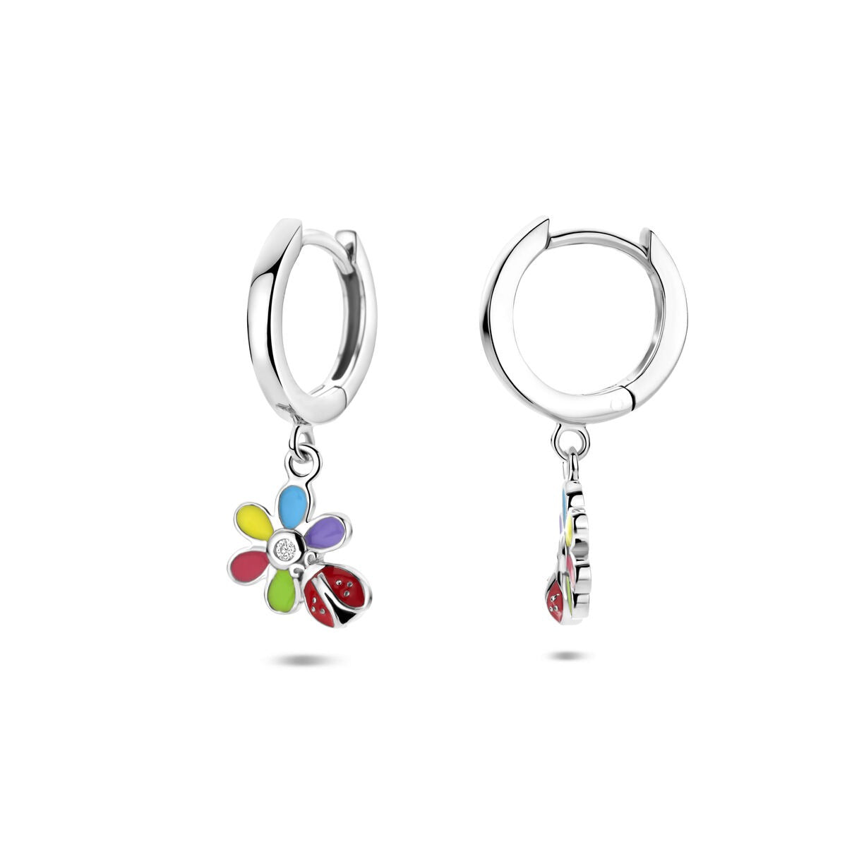 Boucles d'oreilles pour enfant en argent avec fleur, zircone et coccinelle – Boucles d'oreilles pour enfant