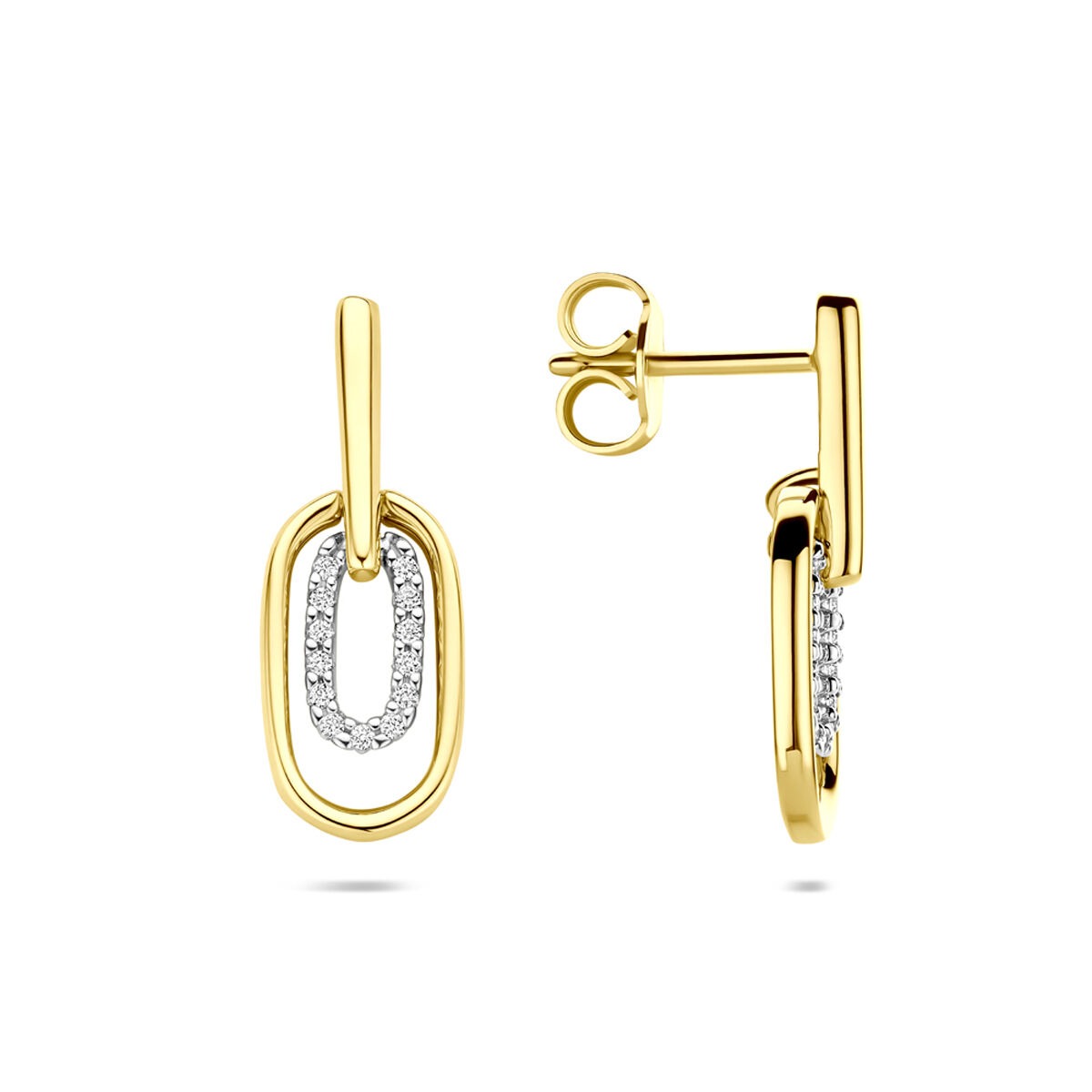 Boucles d'oreilles bicolores 14k avec diamant – or jaune et or blanc, 0.08 ct, 20 mm haut
