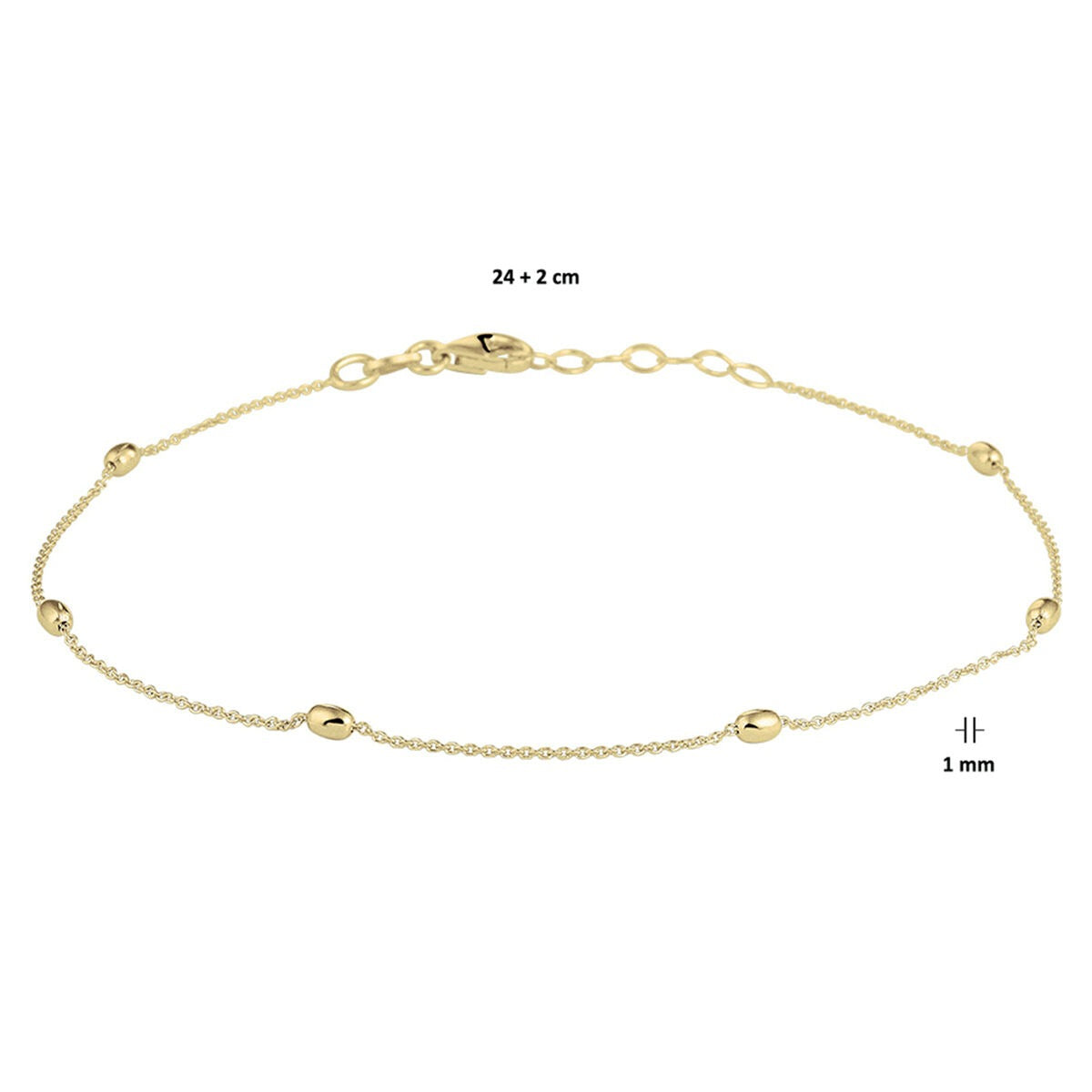 Bracelet de cheville plaqué or argent pour femme – or jaune sur argent 925 avec billes ovales
