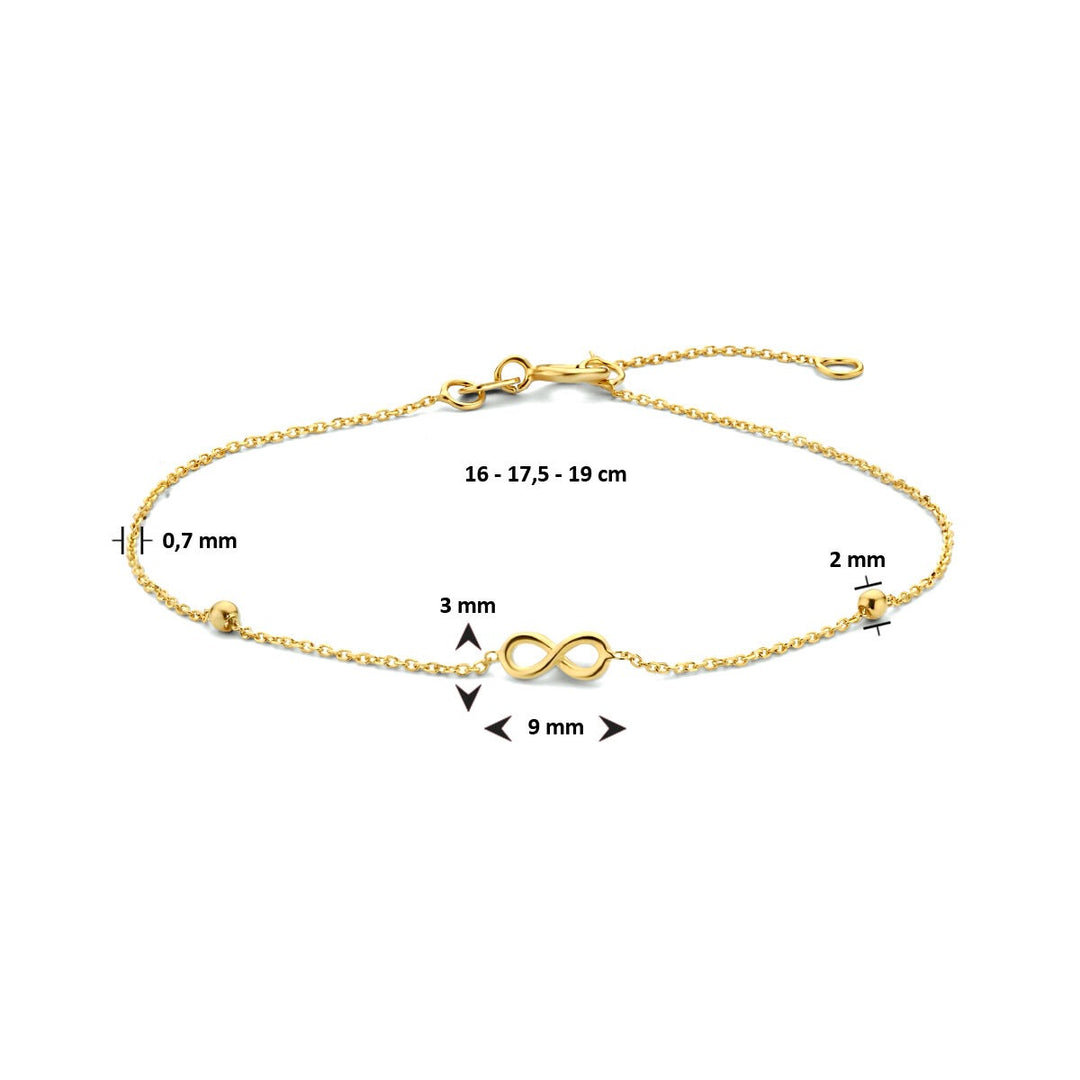 9k Geelgouden dames armband met infinity symbool en bolletjes