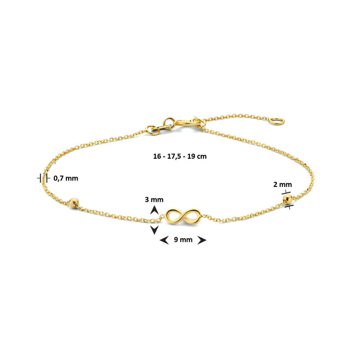 9k Geelgouden dames armband met infinity symbool en bolletjes