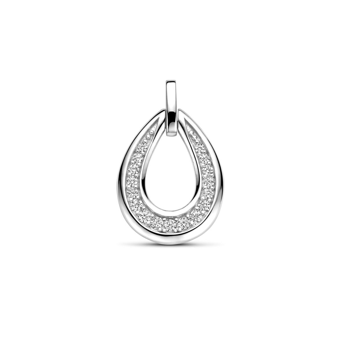 pendentif en argent rhodié en forme de goutte avec zircons en sertissage entourage.