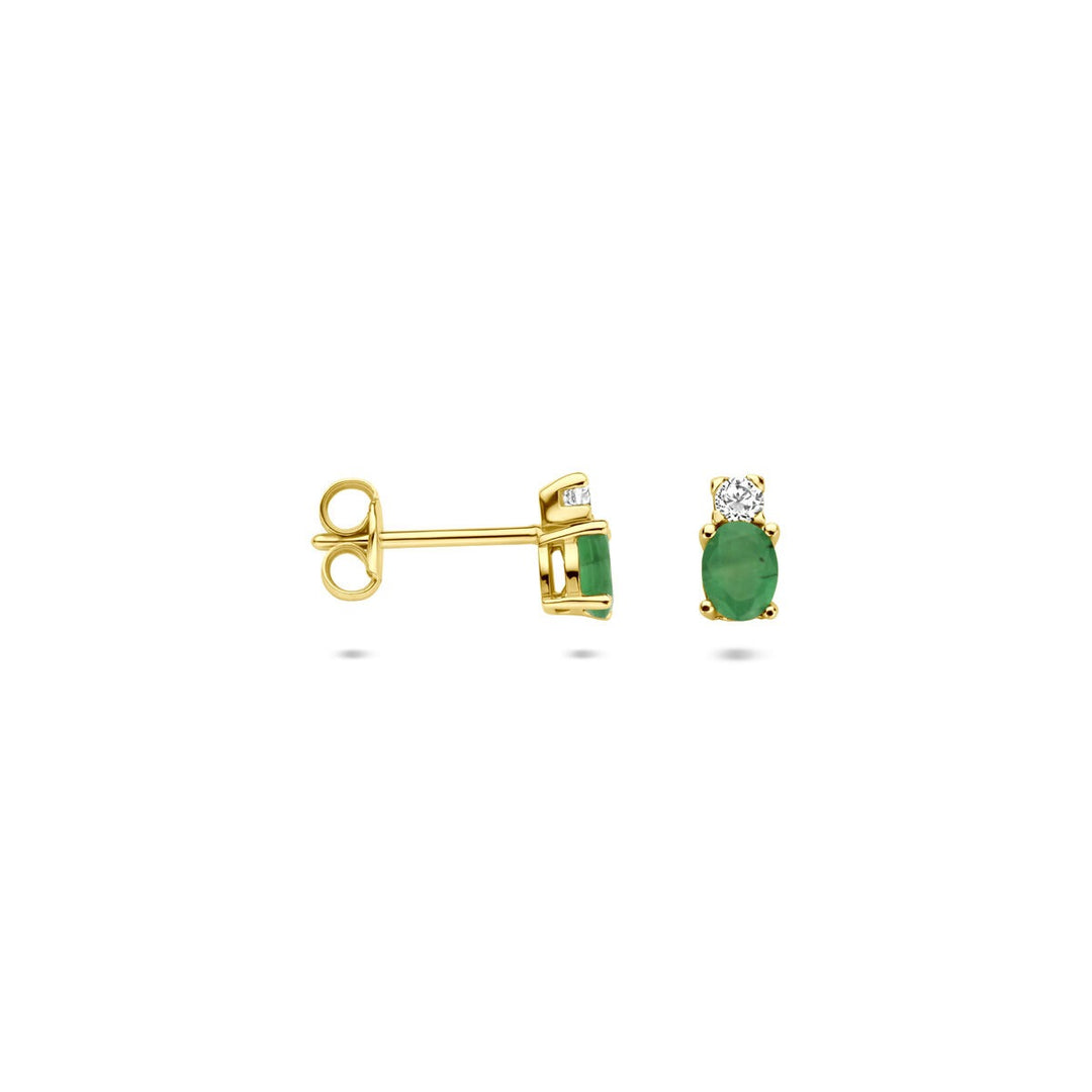 14k Geelgouden oorknoppen met smaragd en zirkonia – 6 x 3 mm