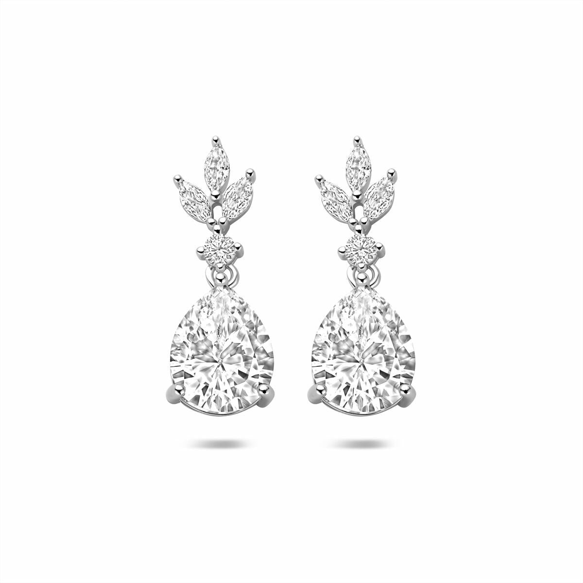 Boucles d'oreilles en argent rhodié ornées de zirconia, en forme de poire avec des détails floraux.