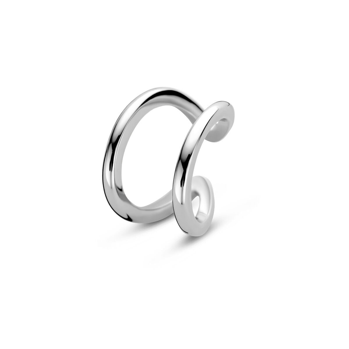 Boucle d'oreille en argent rhodié avec un design en spirale.