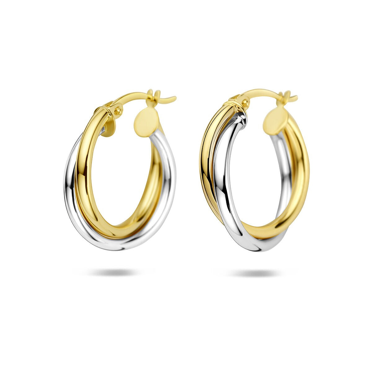 Boucles d'oreilles bicolores en or jaune et or blanc, en forme de créoles.