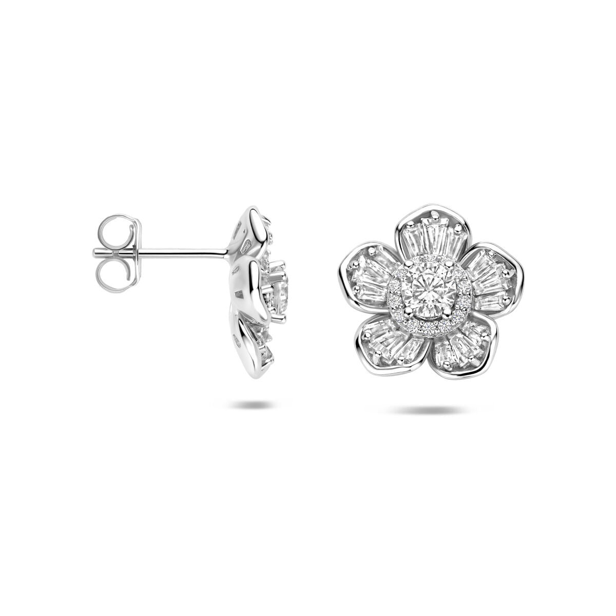 Puces d'oreilles en argent rhodié fleur avec zircone