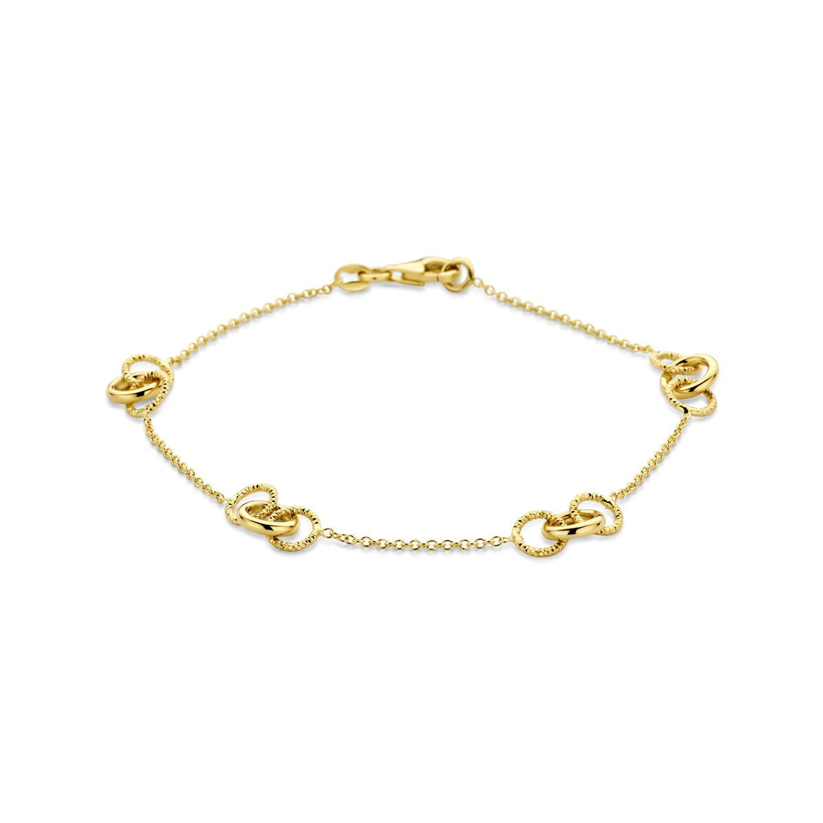 Bracelet en or jaune 14 carats avec des cercles entrelacés.