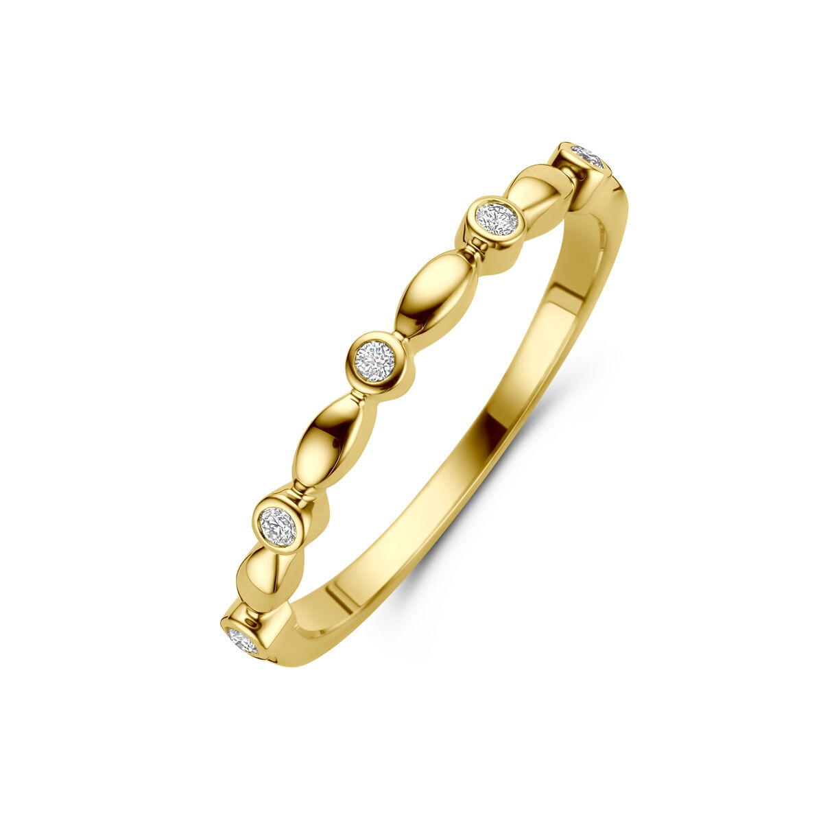Bague en or jaune 14 carats avec des diamants, design délicat et solitaire.