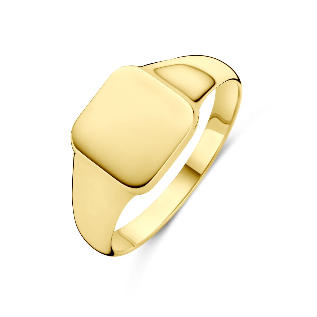 Bague en or jaune 14 carats avec une surface lisse et carrée, largeur de 9 x 9,5 mm.