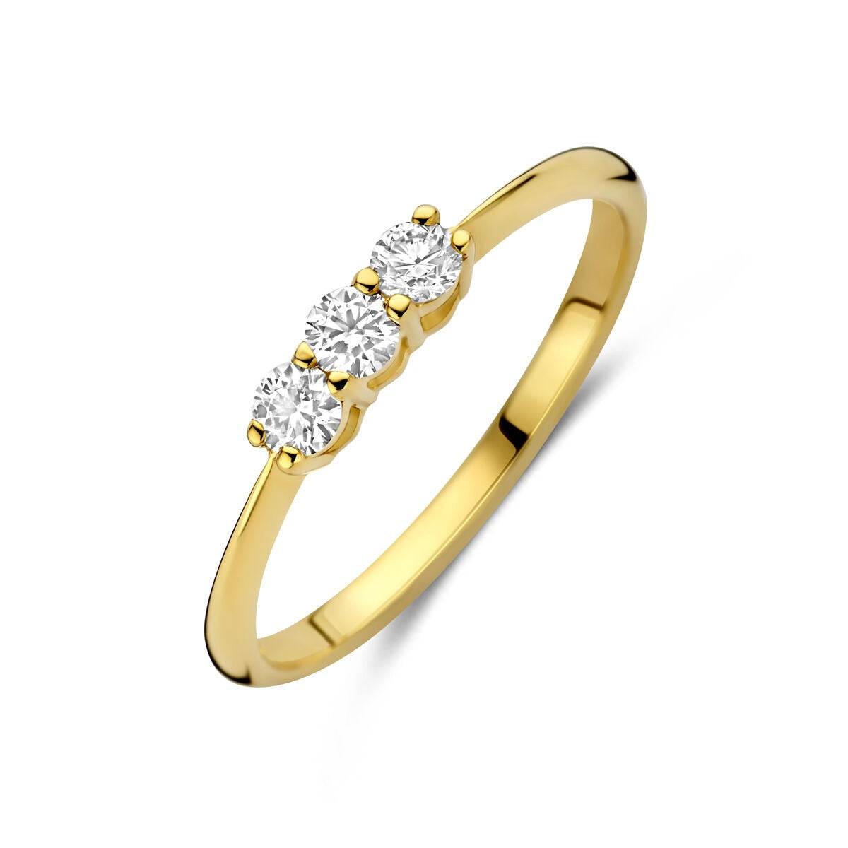Bague en or jaune 14 carats avec trois diamants ronds en lab-grown.