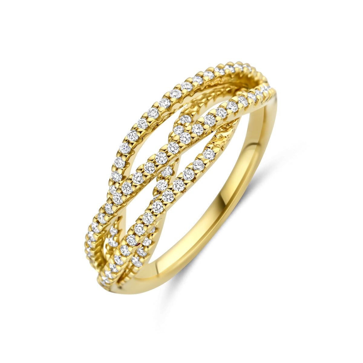 Bague en or jaune 14 carats ornée de diamants, avec un design entrelacé.