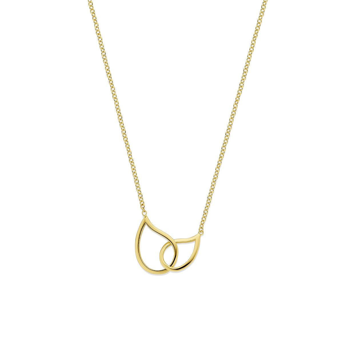 Collier en or jaune 14 carats avec pendentif en forme de double goutte.