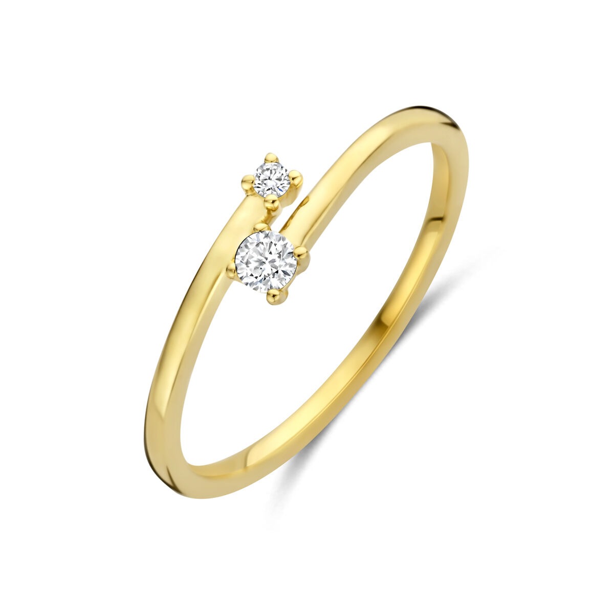Bague en or jaune 14 carats avec deux diamants brillants.