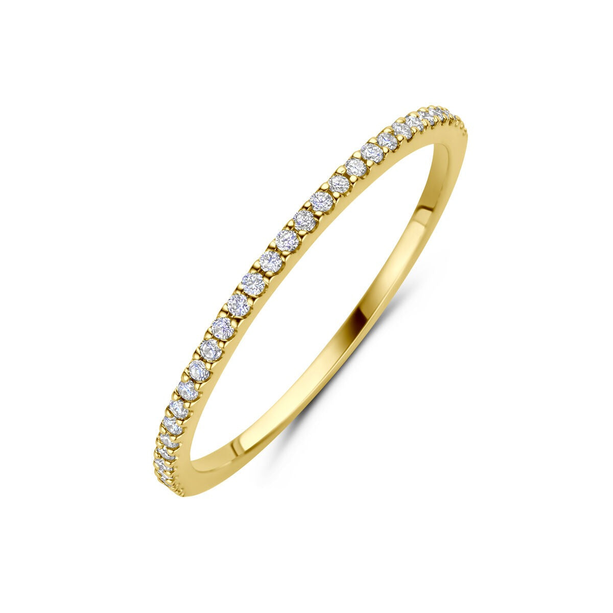 Bague en or jaune 14 carats ornée de diamants, design fin et délicat.
