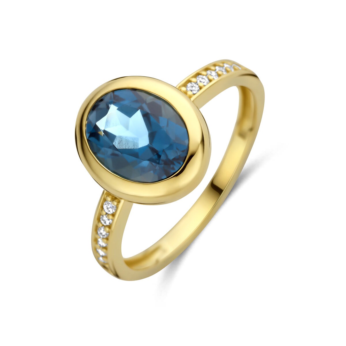 Bague en or jaune 14 carats avec topaze London Blue et diamants.