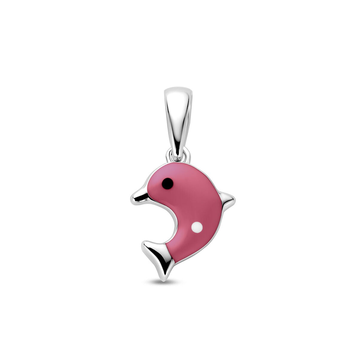 Pendentif en forme de dauphin en argent rhodié avec émail rose.