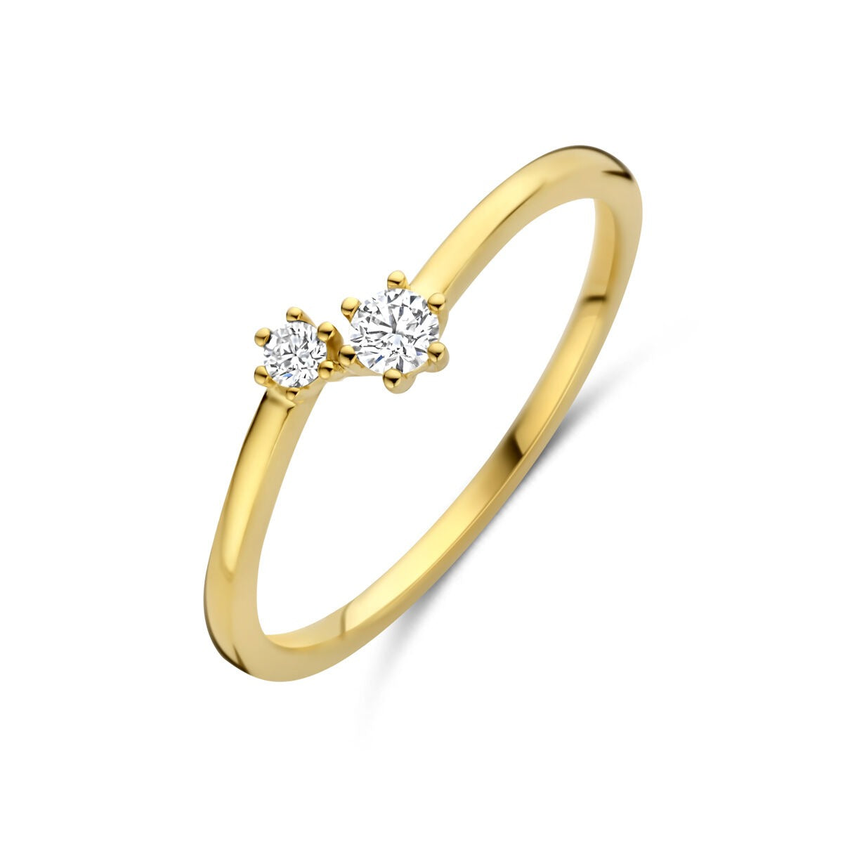 Bague en or jaune 14 carats avec deux diamants brillants.