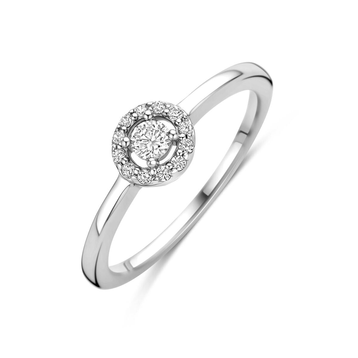 Bague en argent rhodié avec un solitaire en zirconium, ornée de petits zircons.
