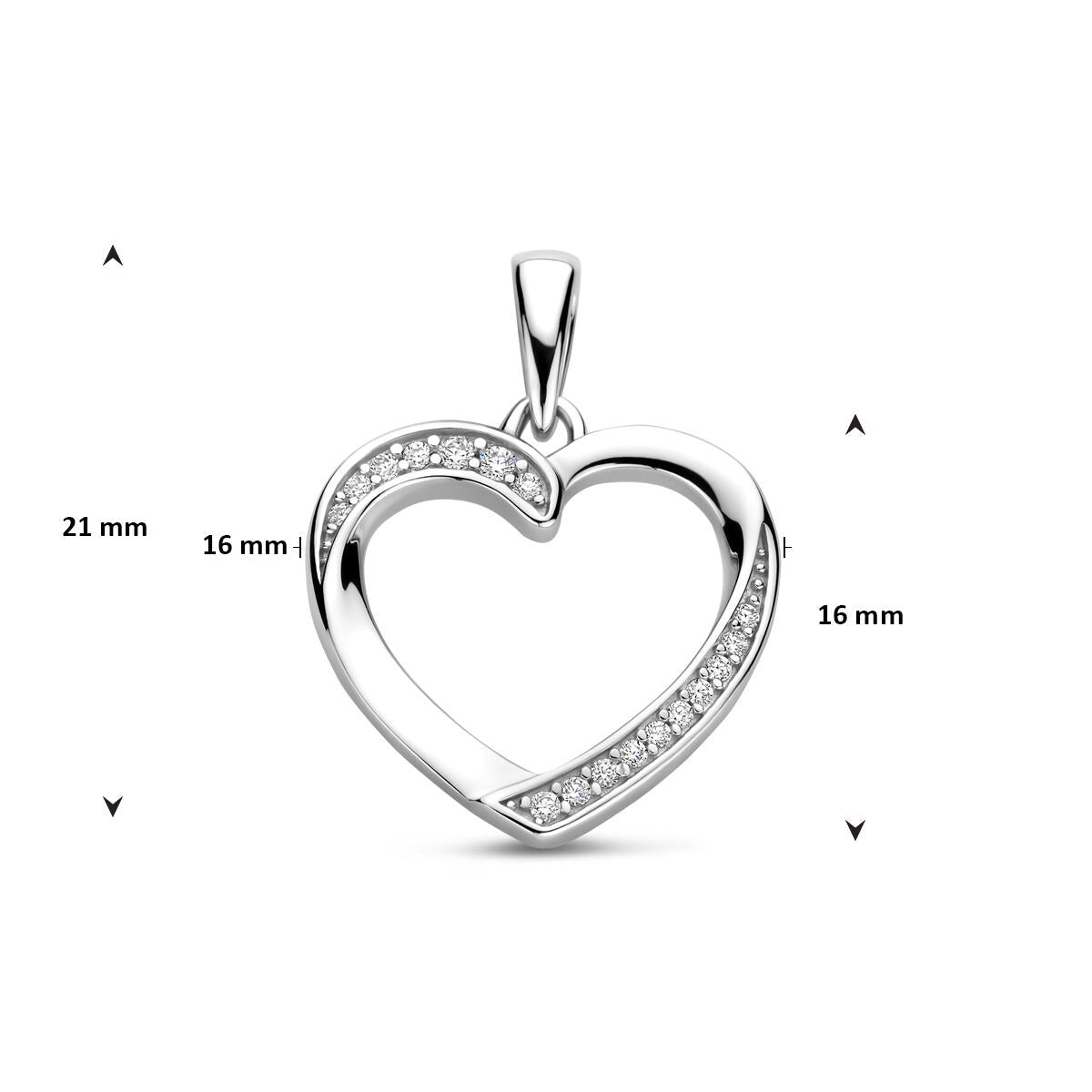 Pendentif en argent en forme de cœur avec zircone 925 rhodié – 21 mm