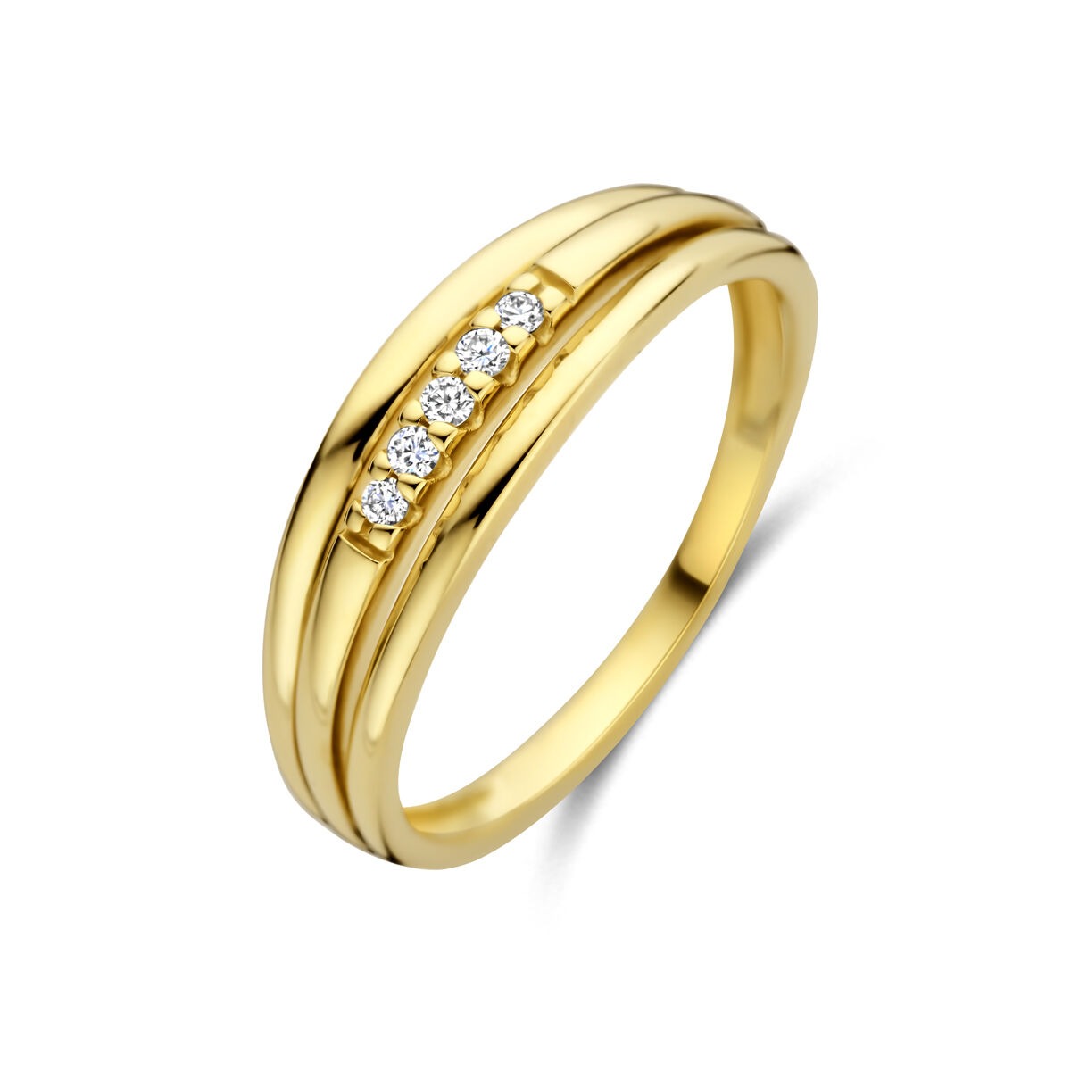 Bague en or jaune 14 carats avec cinq diamants sertis.
