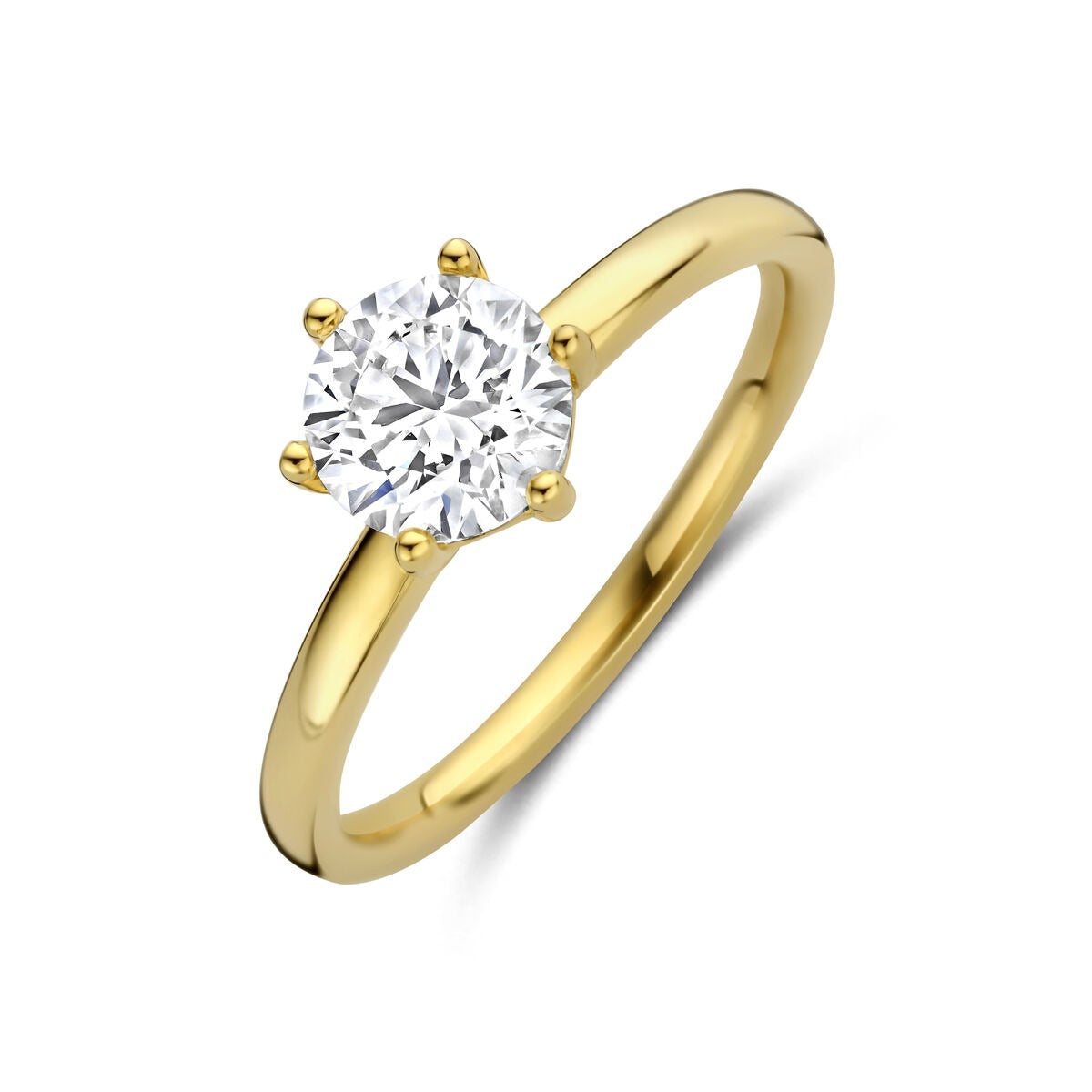 Bague en or jaune 14 carats avec un diamant lab grown rond, serti de six griffes.
