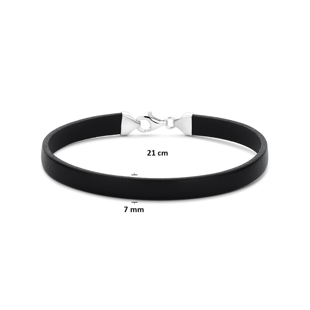 bracelet en cuir noir 7 mm 21 cm argent rhodié avec caoutchouc/nylon/cuir