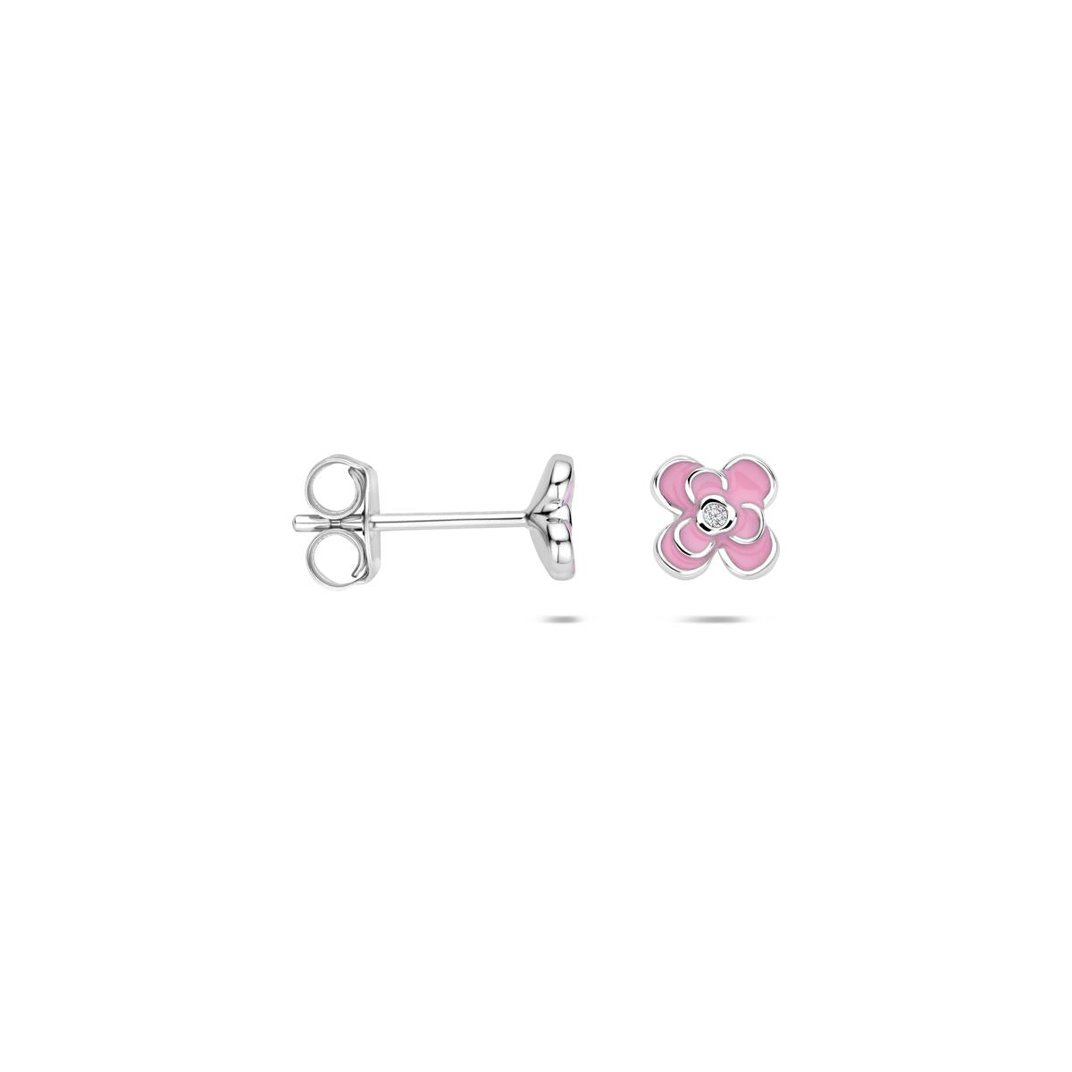 Puces d'oreilles en argent avec zircone et émail rose - design fleur