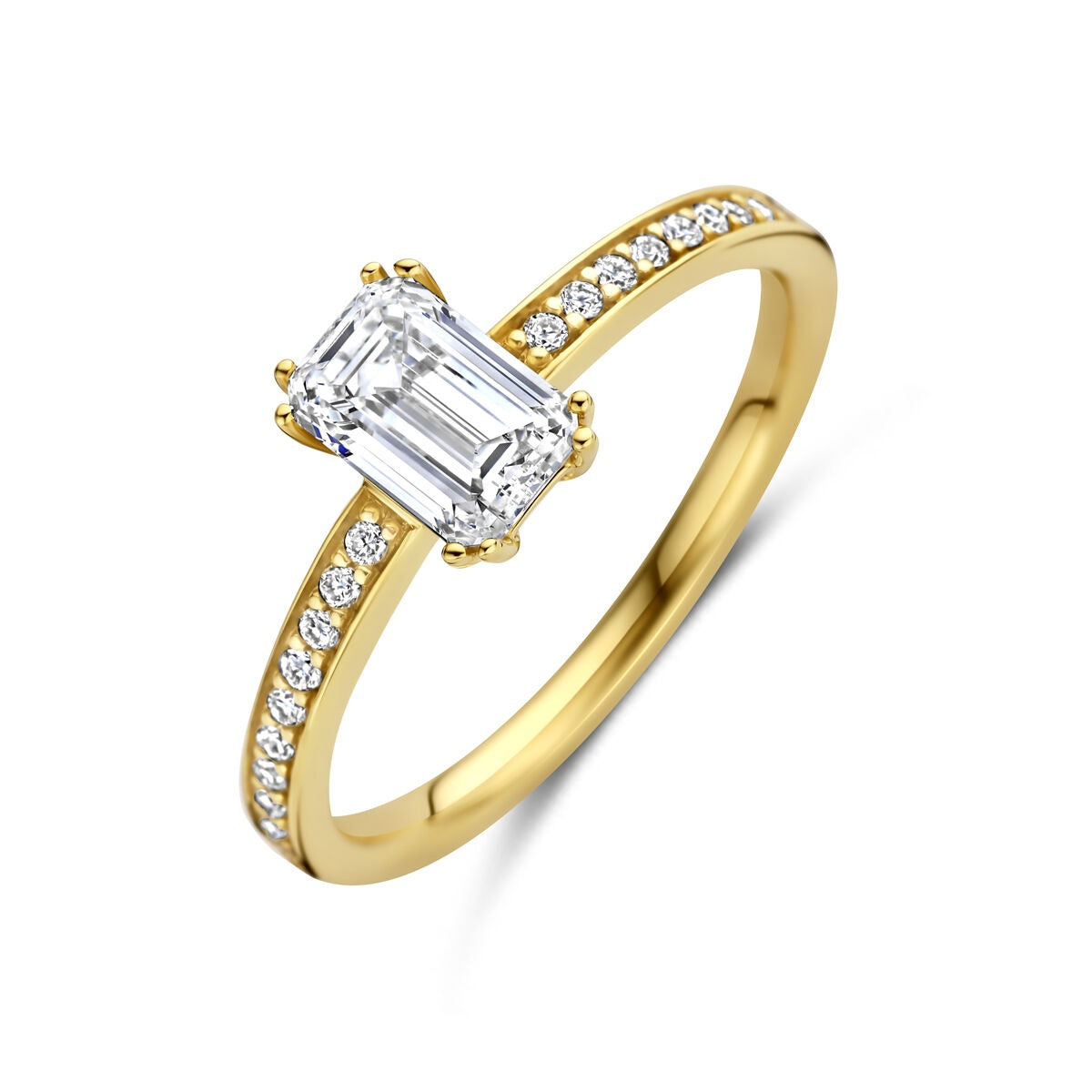 Bague en or jaune 14 carats avec diamant lab grown et pavé de petits diamants.