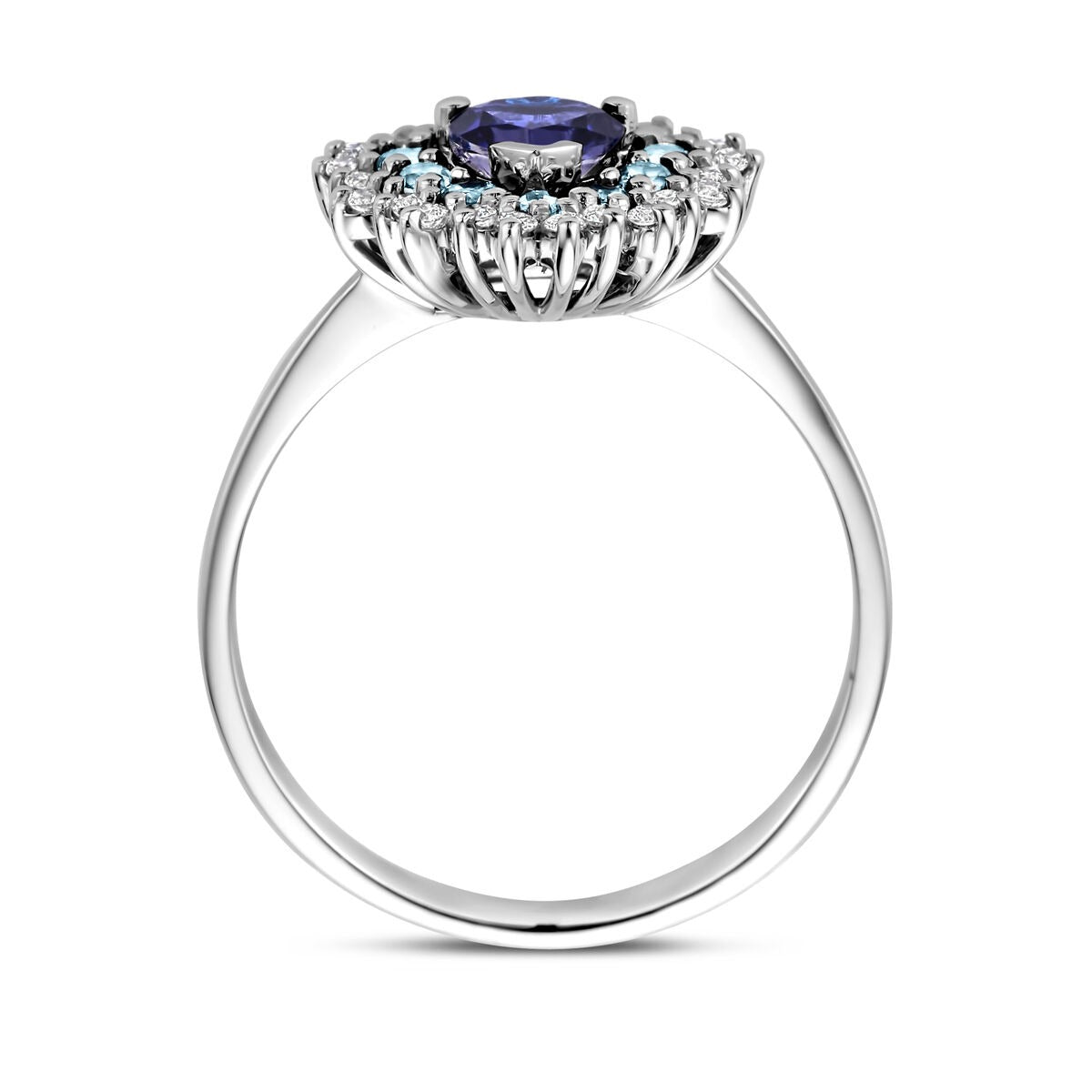 Bague en or blanc en forme de cœur – topaze londonienne, iolite et diamant