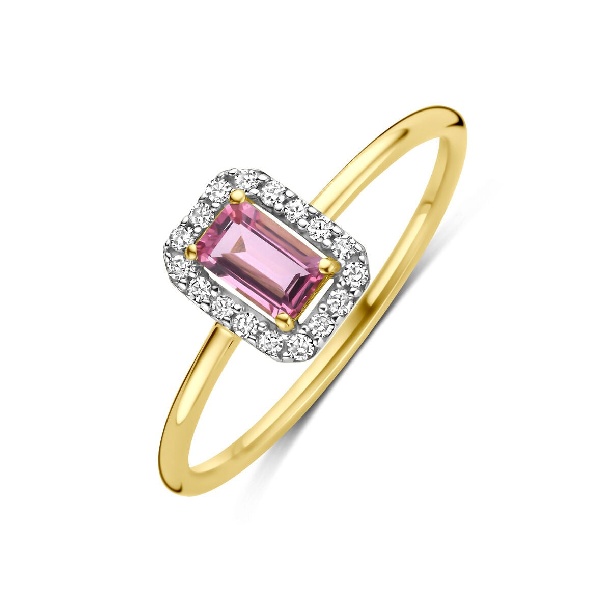 Bague en or jaune 14 carats avec tourmaline rose et diamants, forme rectangulaire.