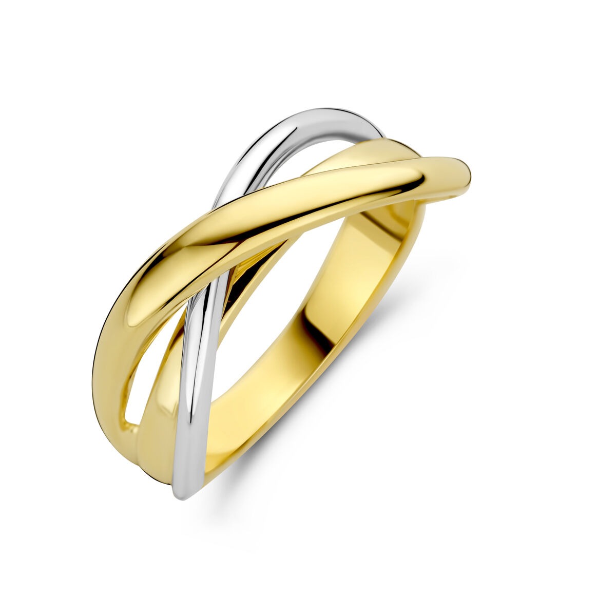 Bague bicolore en or jaune et blanc, 8,5 mm de large, avec un design entrelacé.